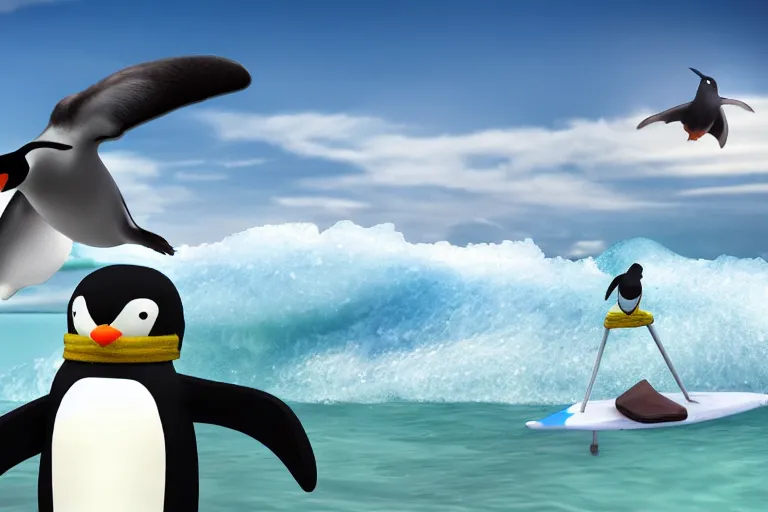 Image similar to penguin surfing on a bong, high-quality 4k 3D Render