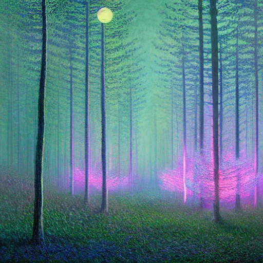 Image similar to A glowing forest by Simon Stålenhag and Claude Monet