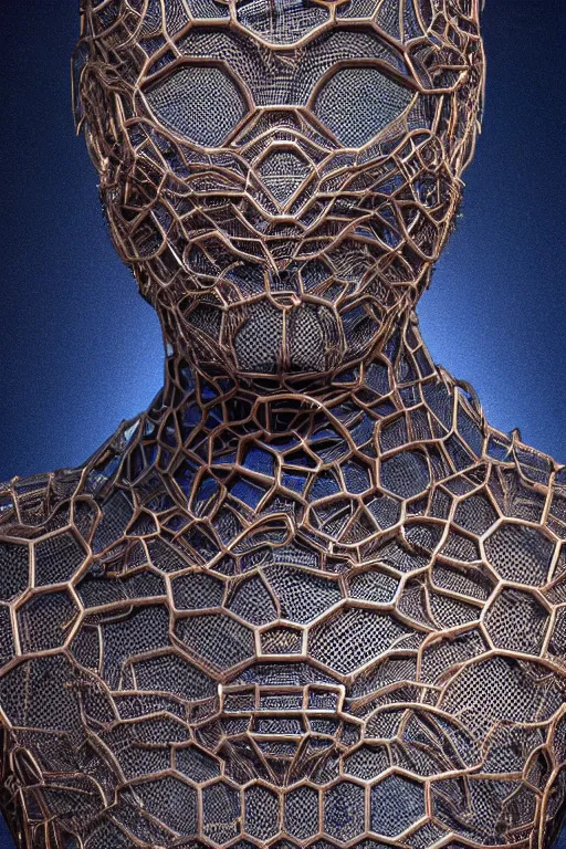 Prompt: intricate 3d render, ultra detailed, of a complex robotic human face, 3 point lighting, blue rim light, silver gold red details, hexagonal mesh wire, filigree intricate details, hyperrealistic, anatomical, robotic parts, fleshy muscalature, elegant, octane render, 8k post-processing