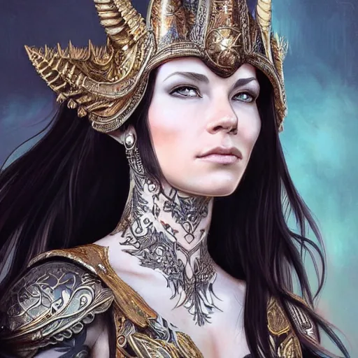 Image similar to an attractive young tattooed female with piercings wearing an white ornate metallic helmet, evangeline lilly, olive skin, long dark hair, beautiful bone structure, intricate, elegant, highly detailed, digital painting, artstation, concept art, smooth, sharp focus, illustration, art by artgerm and greg rutkowski and alphonse mucha