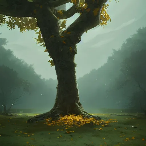 Prompt: a tall old tree with golden leaves, characterized by roman shipunov, etienne hebinger, atey ghailan, cgsociety, cynical realism, fantasy art, 2 d game art