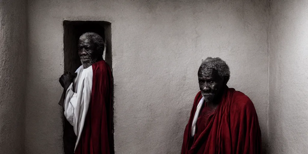 Image similar to a cinematic portrait of an old african man dressed in leather robes, in a small brilliant white prison cell, red color theme, dust storm, annie leibovitz and zack snyder, 8 k, hd, high resolution, 8 5 mm, f / 1. 8
