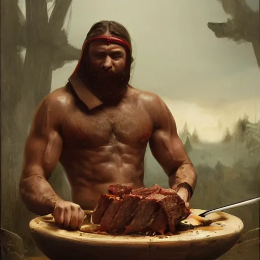 Image similar to an spartan man eating meat on a wooden bowl, Matte painting , detailed painting, greg rutkowski