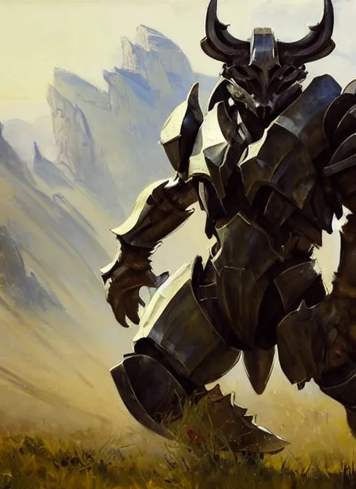 Image similar to Greg Manchess painting of a Wolf Charr from Guild Wars 2 wearing Forerunner Armor from Halo, countryside, calm, fantasy character portrait, dynamic pose, above view, sunny day, artwork by Jeremy Lipkin and Giuseppe Dangelico Pino and Michael Garmash and Rob Rey, very coherent asymmetrical artwork, sharp edges, perfect face, simple form, 100mm