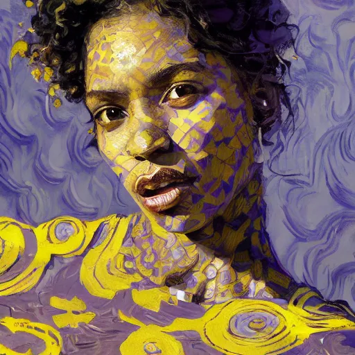 Image similar to portrait of a beautiful woman with dark curls, ecstatic, brown skin, mouth half open, eyes closed, shades of yellow and purple, rule of thirds, intricate patterns, spotlight, by greg rutkowski, by jeremy mann, by francoise nielly, by van gogh, digital painting