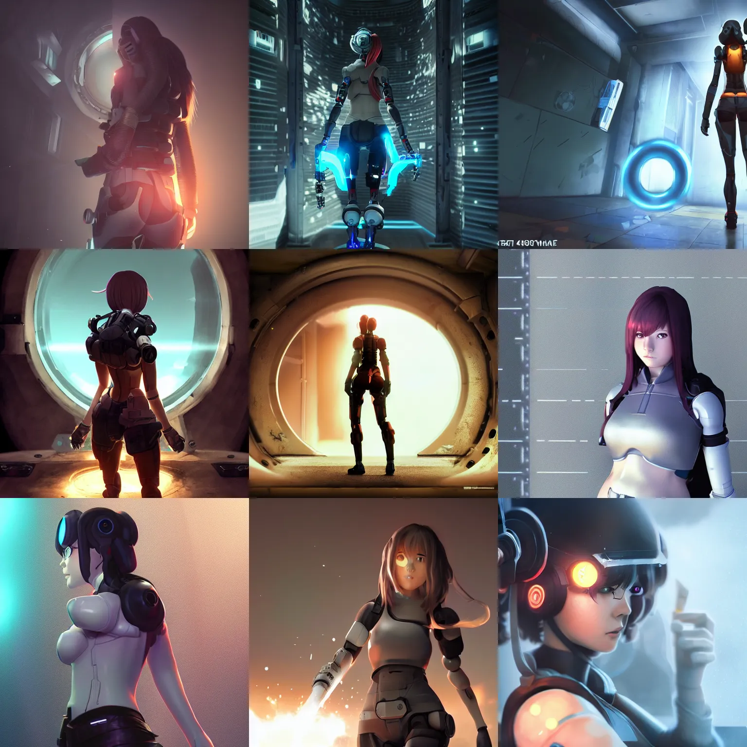 Prompt: portal game,,, valve, anime!!! cyborg photo - realistic 4 7 9 9 woman!!!! 6 6 7 7 running, ( shy smiling face ), rembrandt, octane render, artstation