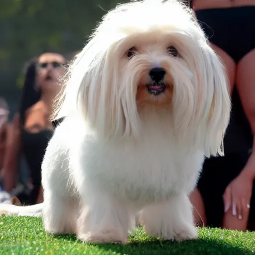 Image similar to cream - colored havanese dog as beyonce at coachella