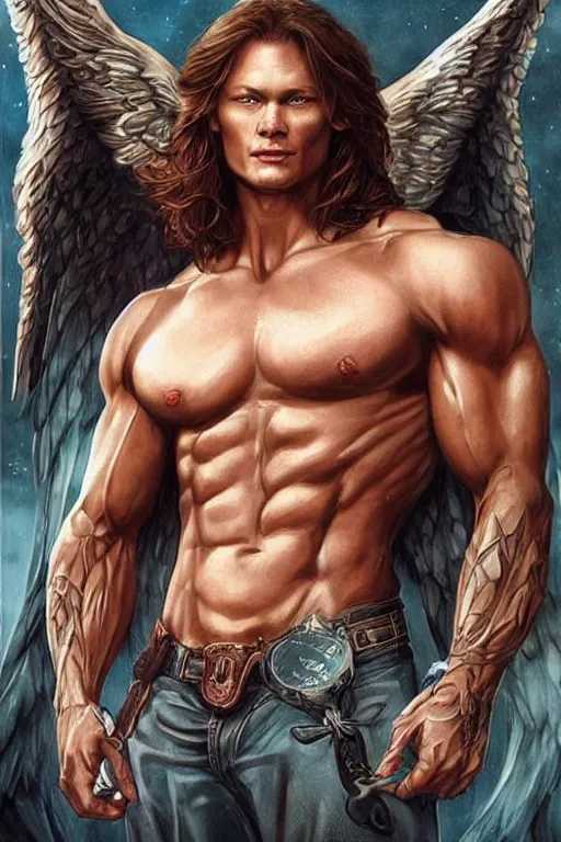 Image similar to muscular Sam Winchester as an angel with religious tattoos on chest and neck, with glowing runes on the body, romance book cover style, D&D dark fantasy style, sharp focus, ultra detailed, art by Artgerm and Peter Andrew Jones, Karol Bak, Ayami Kojima, Amano and Olivier Ledroit