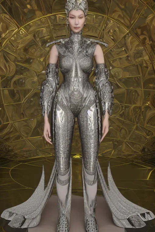 Image similar to a highly detailed 4 k render of a beautiful tall alien goddess bella hadid in iris van herpen dress armor schiaparelli in diamonds and jewelry in style of alphonse mucha trending on artstation made in unreal engine 4