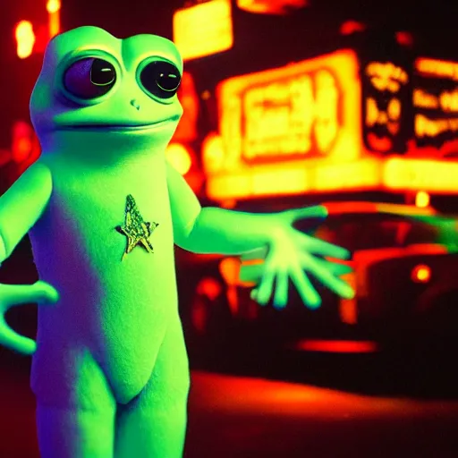 Image similar to cinematic portrait of pepe the frog as a replicant in a busy nightclub, frightened and angry, still from the movie bladerunner, fashion photography, a neon sign is in the background