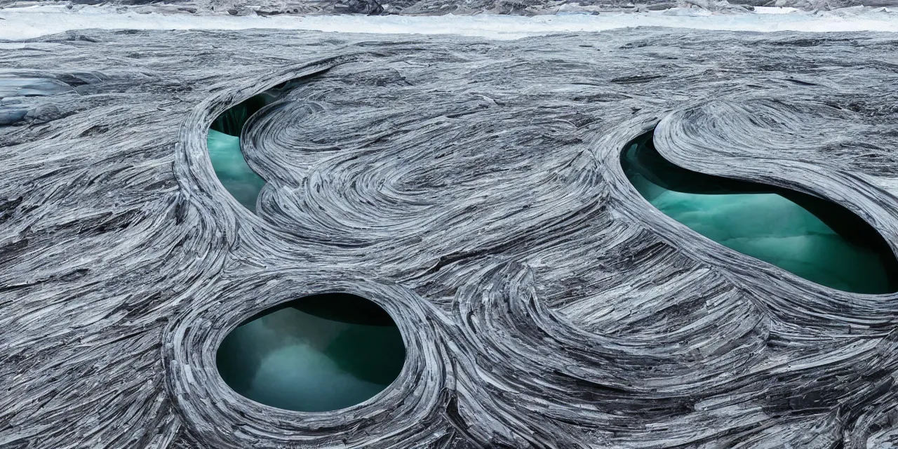 Prompt: futuristic glass wave sculpture made from deconstructed charcoal wood and mirrors, refraction, river, vestrahorn glacier iceland landscape photography, cool and moody, by lurie belegurschi and gunnar freyr