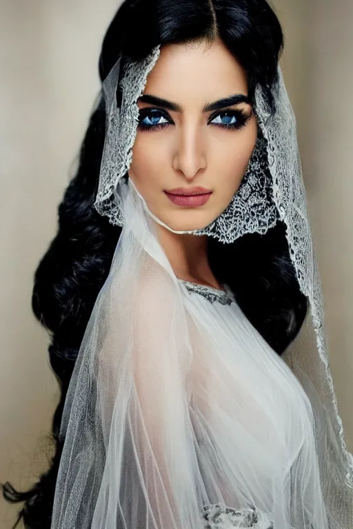 Prompt: Ameera al-Taweel, blue eyes, long wavy black hair, fierce look, white veil, closeup, focus face