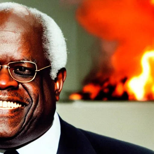 Prompt: Clarence Thomas watching a dumpster fire burn as he smiles, photo, cinematic, 8k