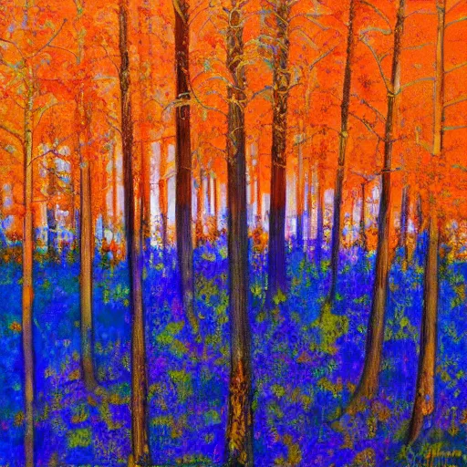 Prompt: a blue and orange forest, four seasons