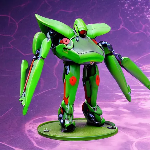 Prompt: evangelion combat mecha with a realistic nymphaea waterlily head stepping out of a pond holding sci - fi weapons. floral amphibious power armor with waterlily helmet and hard surface exoskeleton. bandai box art, 8 k hd resolution, r / mecha