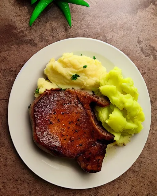 Image similar to green gamer LED porkchops and mashed potatos by razer, HD, trending on artstation, instagram post, lights in food, bright food, LED