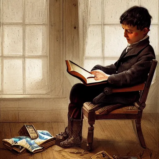 Image similar to 1830s young boy trying to read a book, highly detailed, digital painting, artstation, concept art, art by artgerm and Johfra Bosschart