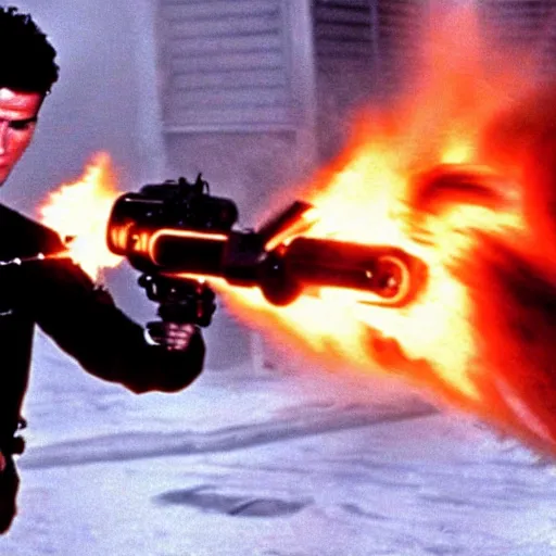 Image similar to movie still of cristiano ronaldo with a flamethrower in the thing (1982), john carpenter, cinematic,