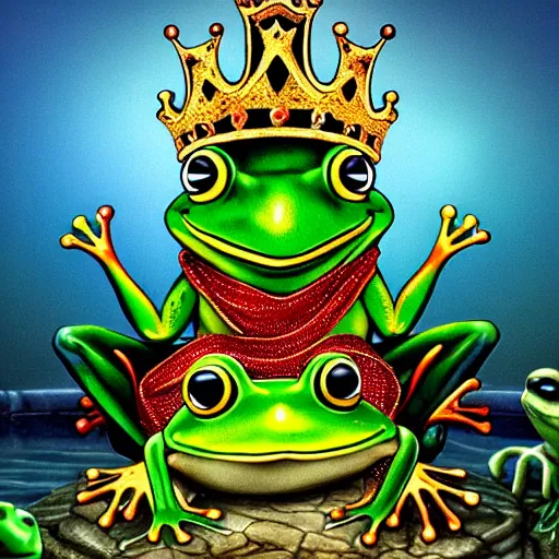 Image similar to a photorealistic frog king sitting on a throne, surrounded by frog servants next on the side of the pond