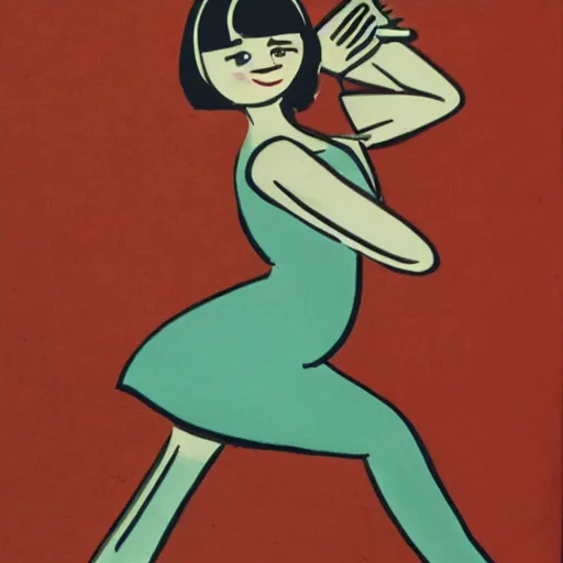 Image similar to 6 0 s style cartoon drawing of a cute younger woman with her hand resting on a giant standing paintbrush