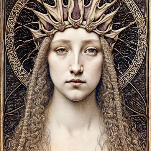 Image similar to detailed realistic beautiful young medieval queen face portrait by jean delville, gustave dore, iris van herpen and marco mazzoni, art forms of nature by ernst haeckel, art nouveau, symbolist, visionary, gothic, pre - raphaelite, fractal lace, surreality
