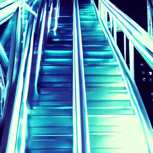 Prompt: cyberpunk escalator, panels, neon, cables