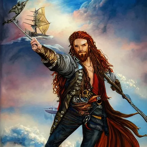 Prompt: an epic fantasy comic book style portrait painting of a long haired, red headed male sky - pirate in front of an airship