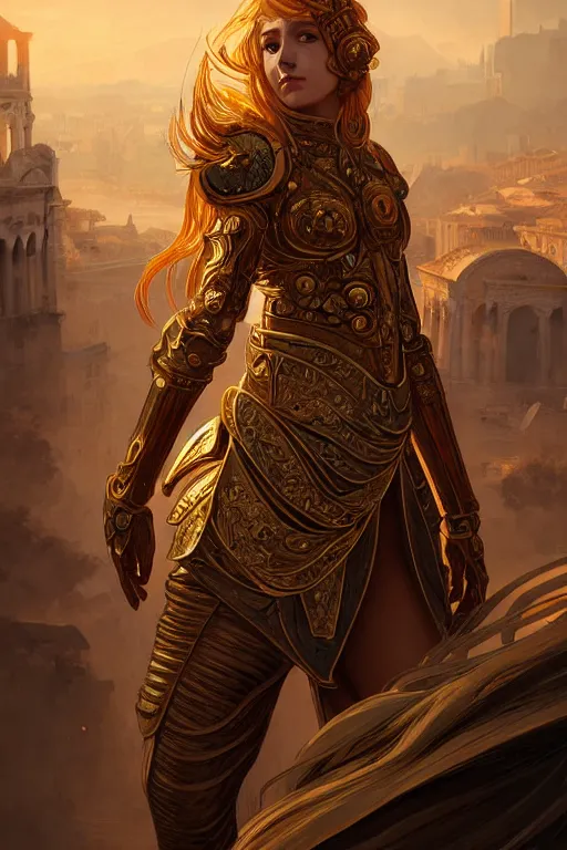 Prompt: portrait knights of Zodiac girl, golden and copper reflected armor, in ruined Agora of Athens Sunrise, ssci-fi and fantasy, intricate and very very beautiful and elegant, highly detailed, digital painting, artstation, concept art, smooth and sharp focus, illustration, art by tian zi and WLOP and alphonse mucha