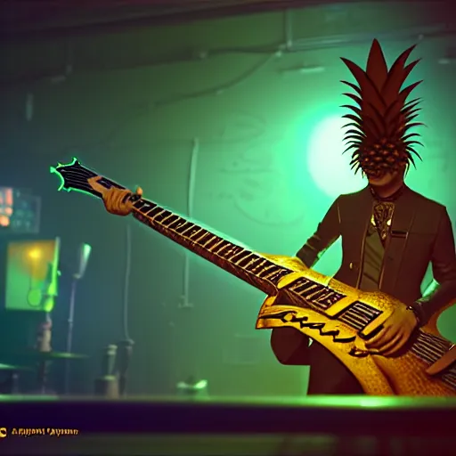 Prompt: a steampunk pineapple, playing electric guitar at a night club, focus on the pineapple, cinematic lighting, exaggerated detailed, unreal engine, octane render, trending on artstation, art by greg rutkowski, 4 k