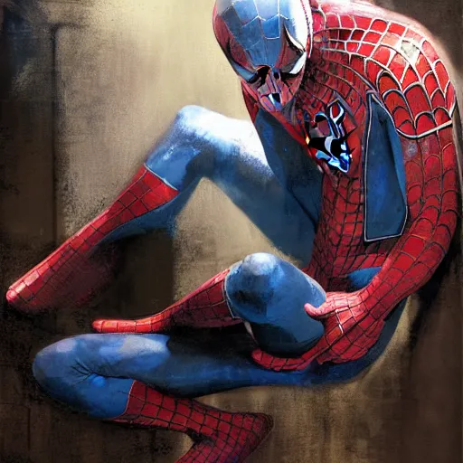 Prompt: portrait of an emotional spiderman sitting in a ball pit, by jeremy mann, peter elson.
