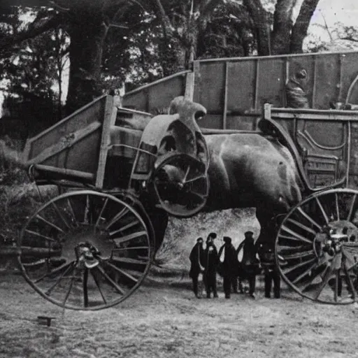 Image similar to grainy 1800s photo of a very large mechanical animal used to transport people