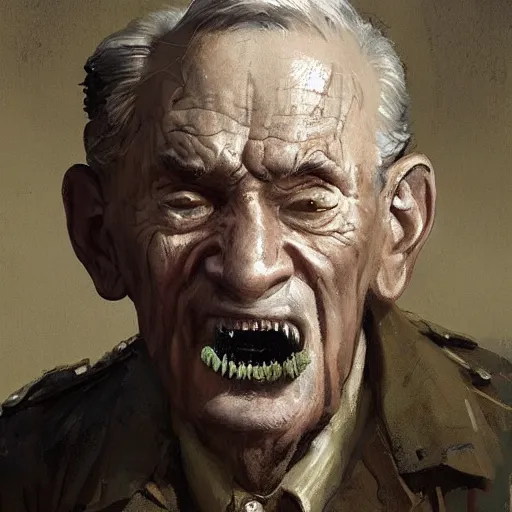 Image similar to old man portrait, ww 2 hand grenade in his teeth, greg rutkowski art