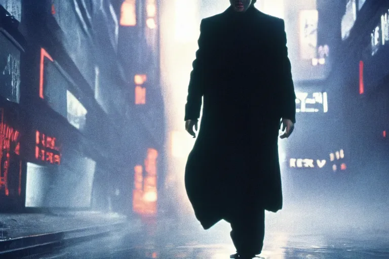 Image similar to film still neo keanu reeves in blade runner, 8 k