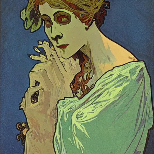 Prompt: zombie, painted by alphonse mucha