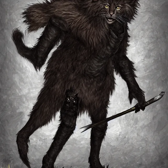 Image similar to Khajit Tabaxi Catfolk Humanoid with Maine Coon features and black fur holding two shortswords cloaked in shadow and wearing leather armor, Dungeons and Dragons, pure white background, Fantasy, Tarot card style, Half Body Portrait, High detail, hyper realistic
