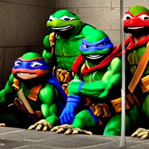 Image similar to Epic shot of Teenage Mutant Ninja Turtles coming out from the sewers