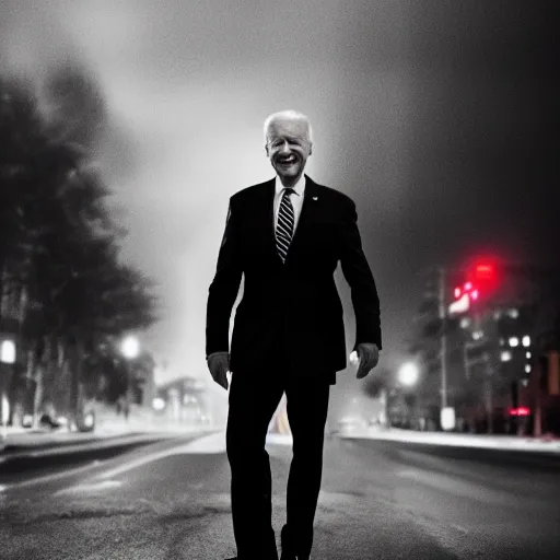 Image similar to joe biden standing in a city street in the middle of a stormy night, award winning long exposure photography