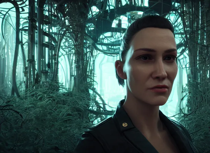 Image similar to 35mm portrait of a sophisticated intricate terminator woman's head on the background of a weird magical mechanical forest. Round gears visible in her head. Very detailed 8k. Fantasy cyberpunk horror. Sharp. Unreal 5 render with nanite, global illumination and path tracing. Cinematic post-processing