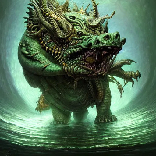 Image similar to a stunning detailed 3d matte portrait of a bulette with green plated carapace, male, standing in a maelstrom, by ellen jewett, by tomasz alen kopera, by Justin Gerard, ominous, magical realism, texture, gills, intricate, whirling smoke, alchemist bottles, radiant colors, fantasy, dungeons and dragons, dnd, volumetric lighting, high details