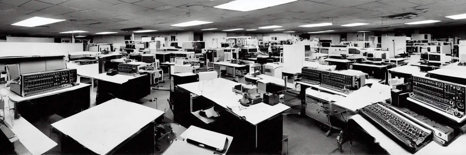 Prompt: analog data processing plant, with retro matrix printers printing lots of sheets of paper, old bakelite téléphones connected to a switch panel and a reel to reel tape machine recording sounds. 1980s computer ad style picture