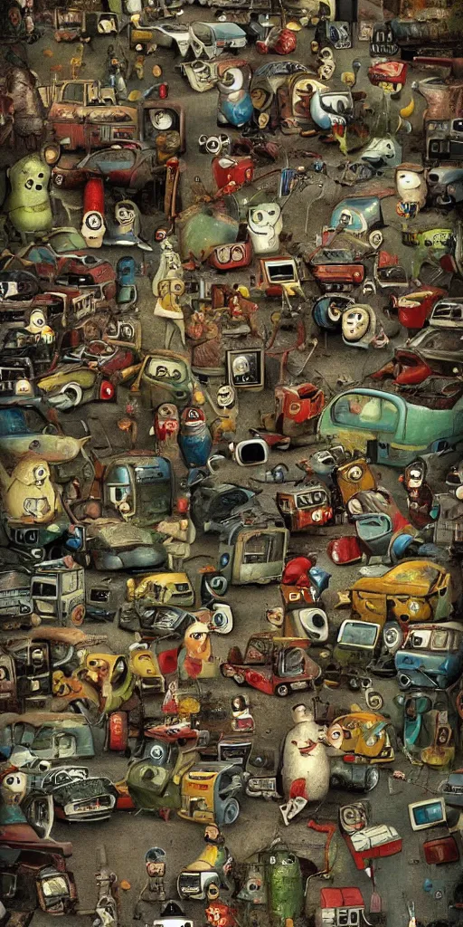 Image similar to a apple computer junkyard scene by alexander jansson and where's waldo