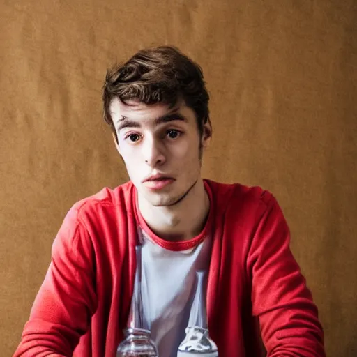 Prompt: photograph of a young frenchman seated at a table in 2 0 2 0. colorful, award winning photography, 5 0 mm, extremely detailed face