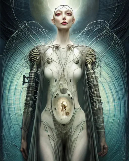 Image similar to karol bak and tom bagshaw and bastien lecouffe - deharme full body character portrait of galadriel as the borg queen, digitalcore rebirth, floating in a powerful zen state, supermodel, beautiful and ominous, wearing combination of mecha and bodysuit made of wires and silk, machinery enveloping nature in the background, scifi character render