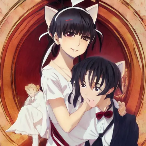 Prompt: anime key visual of an anime woman wearing cat ears and a little boy wearing white shirt and red tie, intricate, stunning, highly detailed, digital painting, artstation, smooth, hard focus, illustration,, art by artgerm and greg rutkowski and alphonse mucha