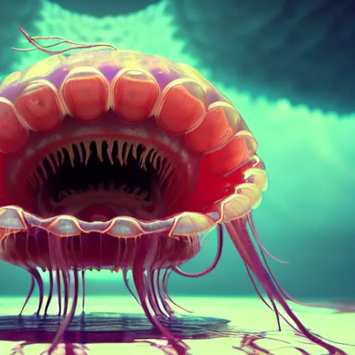 Image similar to a beautiful extreme wide photograph of an evil terrifying jellyfish monster with huge eyes and sharp teeth in a wide open mouth, highly detailed, smooth, very very clean, 8 k, cinematic movie photograph, cinematic lighting, octane render, zbrush central contest winner, 3 d maya render