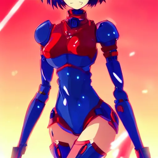 Image similar to digital anime art. cute girl. red mech arms and red mech legs. blue eyes!!!. gold short hair!!!. red bikini. full body!!!. wlop, rossdraws