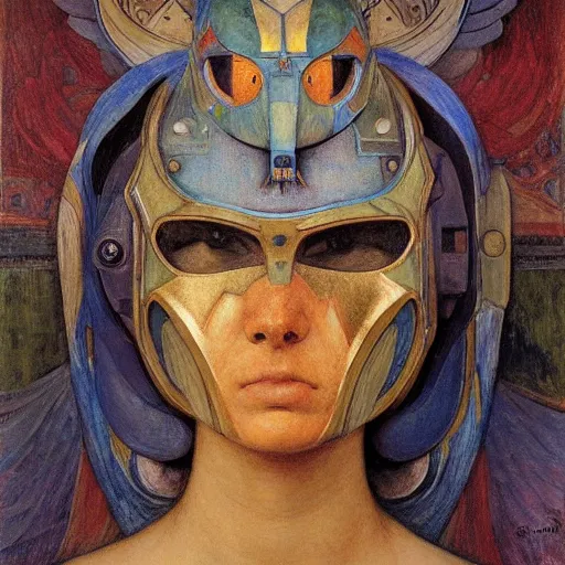 Image similar to the robot queen with her bird mask, by annie swynnerton and diego rivera and elihu vedder, symbolist, dramatic lighting, elaborate geometric ornament, head and shoulders, art brut, soft cool colors, smooth, sharp focus, extremely detailed, adolf wolfli and donato giancola