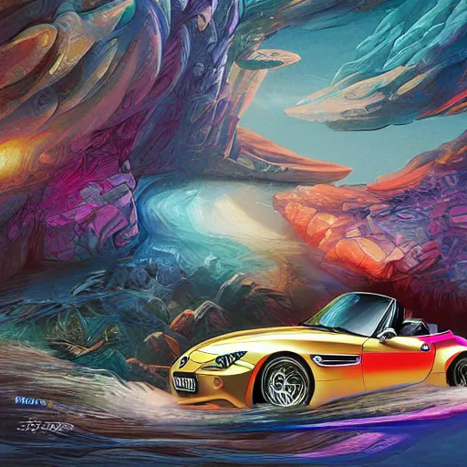 Image similar to bmw z 8 colorful, fantasy, intricate, highly detailed, digital painting, hq, trending on artstation, illustration, style of stanley artgerm and greg rutkowski and dan mumford