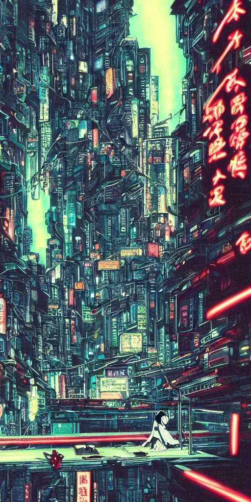 Prompt: beautiful and detailed anime drawing of an GHOST IN THE SHELL-like cyberpunk city landscape with light trail from a motorcycle at the bottom and a bridge silhouette at the top, China at night, 1980s, by Katsuhiro Otomo and mamoru oshii, wide angle, worm's eye view, grand, clean, colorful