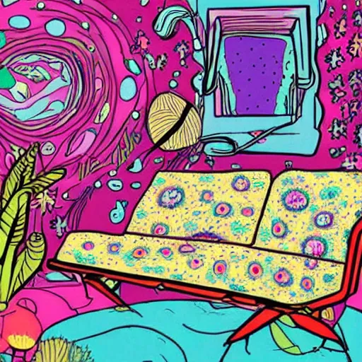 Image similar to psychedelic trippy couch in space, planets, plants, flowers, mushrooms milky way, sofa, cartoon by alvar aalto